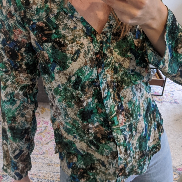 Zara Blouse Jewel Printed Green Dressy Blouse Top - Picture 6 of 7